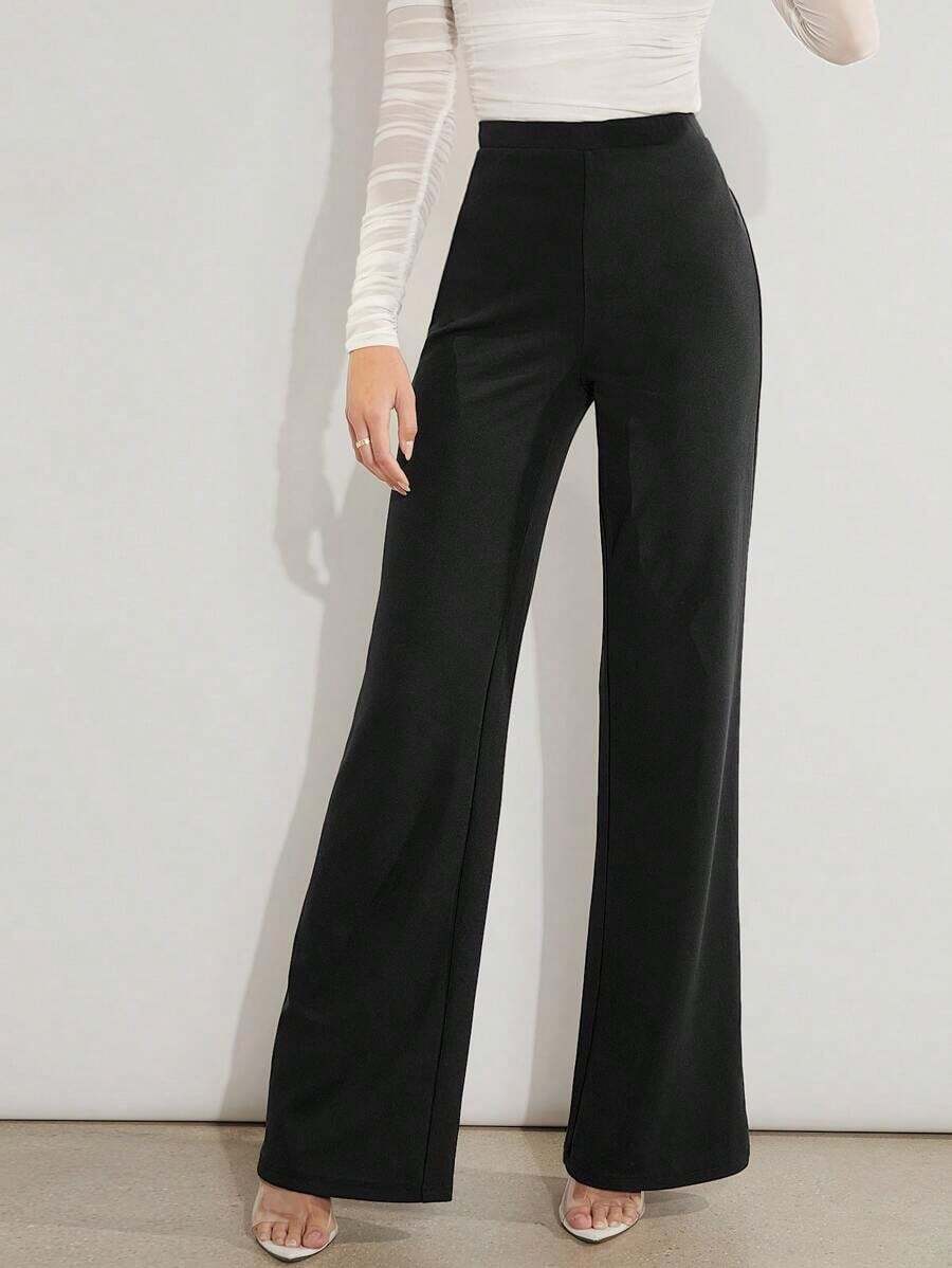 Pantalones de pierna ancha unicolor de talle alto - Negro - Ver 1