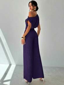 Conjunto de blusa suelta asimétrica sin hombros con baño de oro sin mangas y pantalones de pierna ancha con cintura elástica, adecuado para citas, fiestas, viajes diarios, festivales de música, ceremonias de graduación, atuendos de maestros y ocasiones formales - Morado - Ver 3