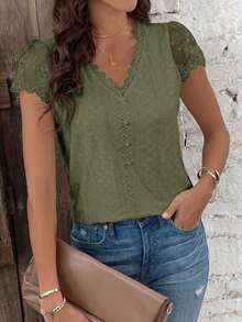 Camiseta De Verano Para Mujer Con Mangas Cortas Y Encaje Y Textura De Tela - Verde militar - Ver 1