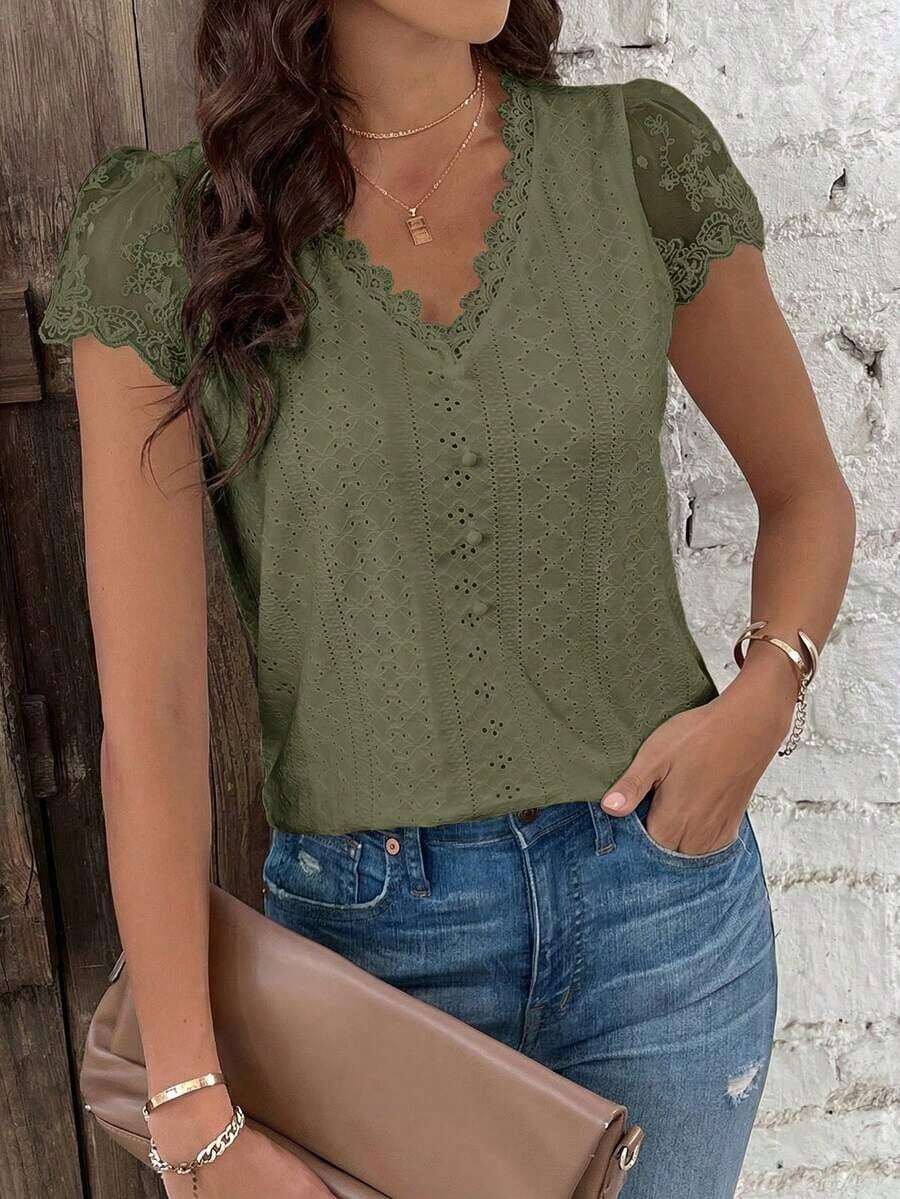 Camiseta De Verano Para Mujer Con Mangas Cortas Y Encaje Y Textura De Tela - Verde militar - Ver 1