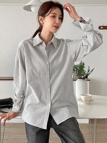 Camisa con volantes y hombros caídos a rayas verticales, blusas de manga larga, ropa de otoño - Gris Claro - Ver 4