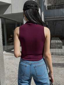 Camiseta de mujer de cuello alto, de unicolor, con ajuste ceñido y mangas cortas, de estilo casual - Morado - Ver 2