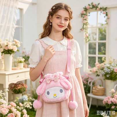  Nova Bolsa Sashiko Balde Transversal com Cordão Sanrio, Bolsa de Pelúcia Recheada com Boneca de Pelúcia Cartoon