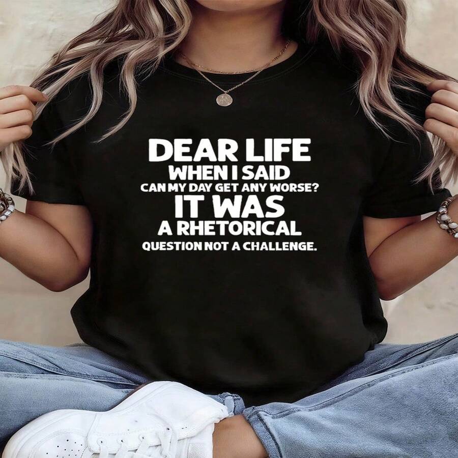 Camiseta informal de algodón de manga corta y cuello redondo para mujer con estampado del eslogan "Dear Life", corte regular y alta elasticidad para uso diario. - Negro - Ver 1