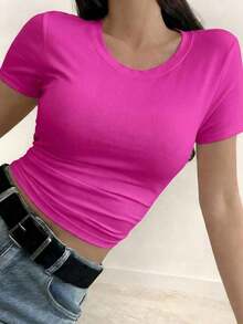 Camiseta de manga corta minimalista de unicolor para mujer, uso casual de todos los días en verano - Rosa Fucsia 3 - Ver 3