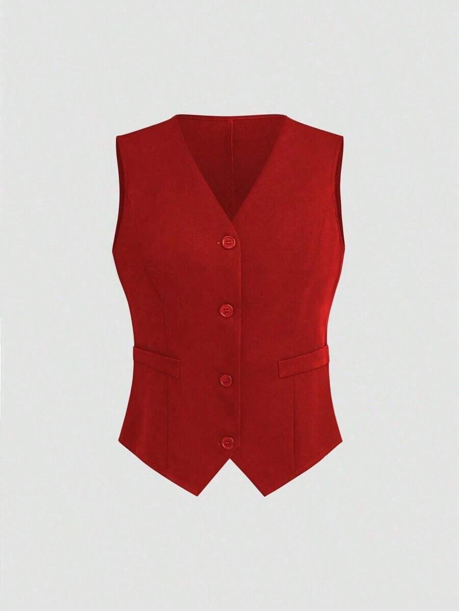 Chaleco de traje casual con cuello en V y abotonadura sencilla para mujer, de color liso - Rojo - Ver 1