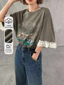 Camiseta de manga corta para mujer con ajuste holgado, estampado de letras, parches de encaje, de mezcla de algodón transpirable, versátil para primavera/verano - Verde militar - Ver 1