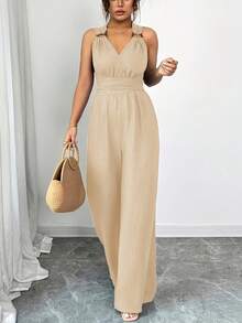 Women's Vacation Halter Neck Backless Jumpsuit,Muti Colors Available, Criss Cross Open Back Self Tie Detail, High Waist Flowy Wide Leg Pants, Airy Lightweight Casual Romper, For Beach, Holiday, Wedding Guest & Daily Going Out | Suitable Juniors To Adults/Monos De Mujer/Jumpsuit De Mujer/Enterizos De Mujer Elegantes/Enterizo Para Mujer Casual/Jumpsuits For Woman Elegant/Rompers/Jumpsuit For Women/Rompers And Jumpsuits - 白色日常版 - 查看 4