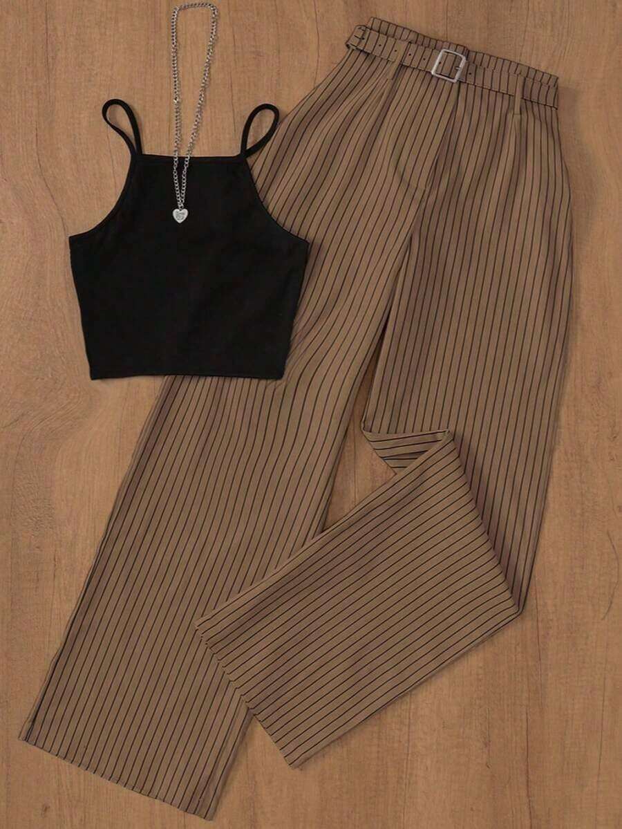 Conjunto elegante de top sin mangas casual/de oficina/de jardín con cinturilla a rayas y pantalones a rayas para mujer, para primavera/verano - Marrón y negro - Ver 1