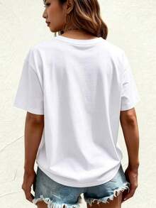 Camiseta de algodón para mujer, tallas grandes S-5XL, corte holgado, con estampado gráfico de gimnasio, con mancuernas coloridas e íconos de fitness, top casual de manga corta para entrenamiento, ropa deportiva, camiseta básica suave y transpirable para uso diario, blusa casual para mujer, playeras de algodón para mujer. - Blanco - Ver 3