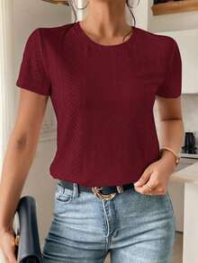 Camiseta blanca de cuello redondo con bordado de ojales, minimalista para ir a la oficina, estilo antiguo y sencillo - Burdeos - Ver 1