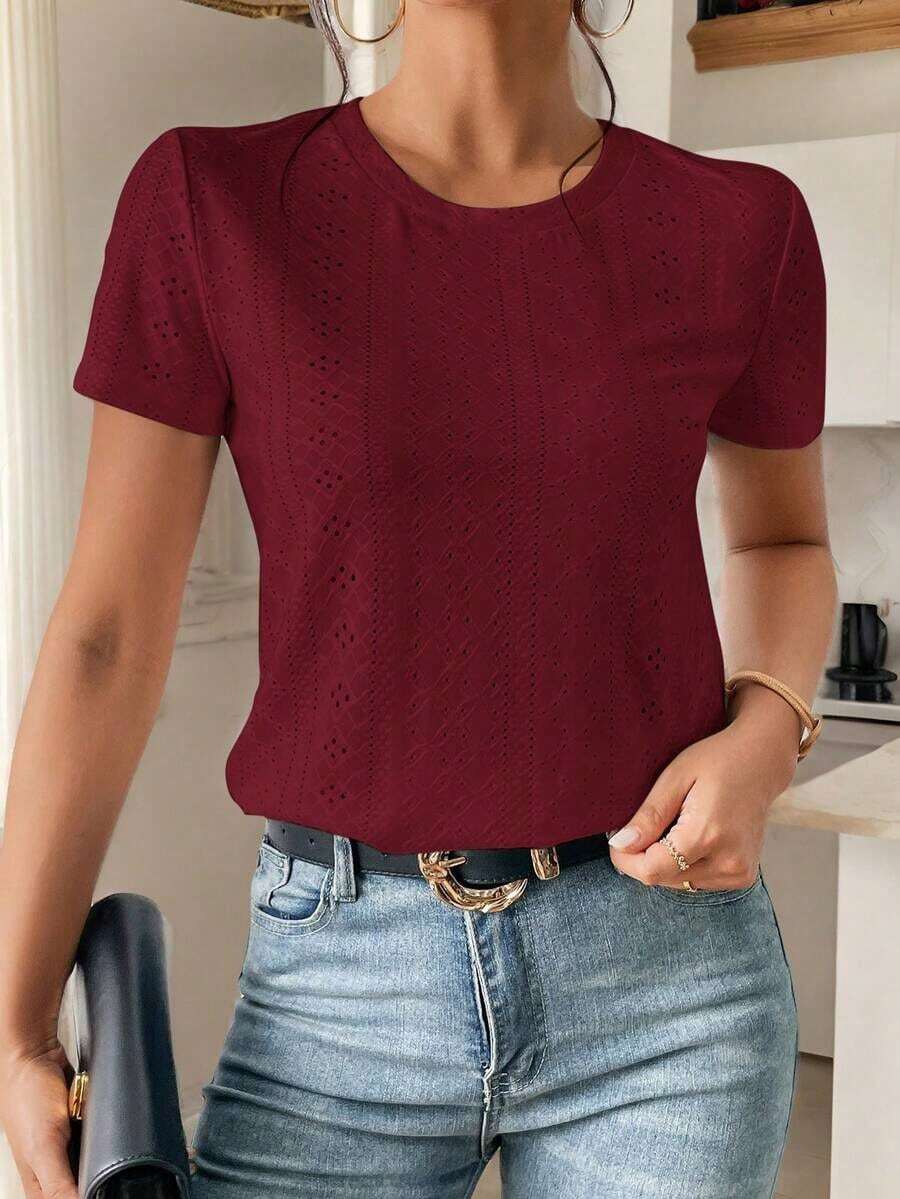 Camiseta blanca de cuello redondo con bordado de ojales, minimalista para ir a la oficina, estilo antiguo y sencillo - Burdeos - Ver 1