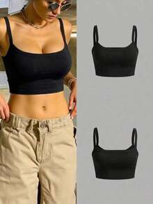 Camiseta corta de tirantes gruesos simple para mujer, adecuada para primavera y verano, estilo casual/streetwear/Y2K, se puede combinar con oficina/hogar/streetwear/discoteca, una opción ideal para blusas casuales de verano en color blanco - Negro - Ver 12