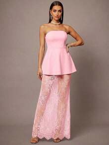 de 2 piezas que incluye top corto con corpiño y falda mini con dobladillo de encaje en estilo A-line, color negro, adecuado para citas, graduaciones, conciertos, vestidos de dama de honor, bodas, ocasiones románticas, estilo minimalista, conju - Rosa - Ver 5