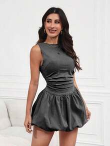 Vestido de mezclilla con volantes y espalda descubierta, elegante y ceñido a la cintura - Gris - Ver 3