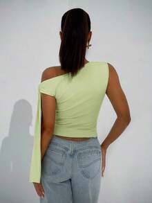Elegante blusa de mujer con hombros asimétricos y cuello con lazo, adecuada para citas casuales, fiestas nocturnas, uso diario, otoño - Verde lima - Ver 2