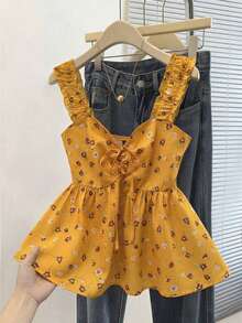 Top sin mangas suelta con decoración de lazo y estampado floral ditsy dulce para mujer, camiseta de tirantes rojas con estampado floral para uso diario, camiseta de tirantes rojas con estampado floral ditsy para vacaciones - Amarillo - Ver 8