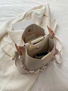 Bolso balde de piel sintética con acento de cadena, bandolera para mujeres - Blanco - Ver 5