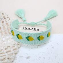 1pc Embroidered Lemon Elegant & Cute Handmade Braided Bracelet, Adjustable Size, Suitable For Party, Travel, Boho Style - Mint Green - View 5