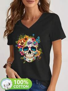 Women's Mexican Day Of The Dead T-Shirt - Sheer V-Neck Short Sleeve Top With Hand-Painted Sugar Skull Print, Marigold, Suitable For Day Of The Dead, Casual And Themed Outfits - 黑色 - 查看 6