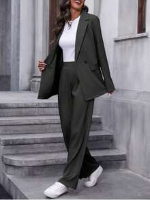 Conjunto de traje informal de mujer con solapa, manga larga y holgado - Negro - Ver 5
