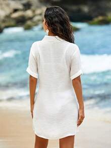 Conjunto de ropa de playa para mujer- Vestido de baño con cuello en V sin mangas como cobertor casual de playa - Blanco - Ver 2