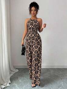 Mono de tela estampada con envolvente frontal para mujer, diseño que define la cintura para usar en ocasiones elegantes, ya sea de fiesta o diario - Marrón 3 - Ver 6