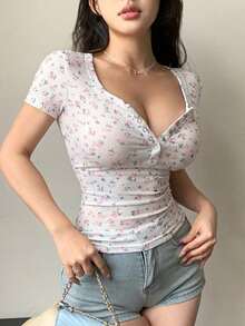Camiseta de manga corta de ajuste slim con estampado de leopardo, top corto para mujer de uso casual en verano - Multicolor 2 - Ver 6