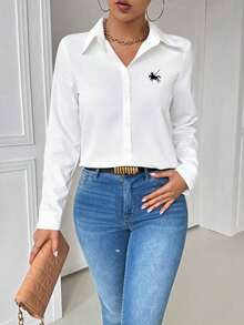 Blusa blanca casual con cuello y bolsillo, de manga larga ajustada para mujeres - Blanco 6 - Ver 6