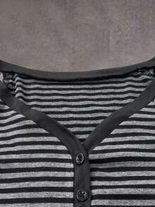 Camiseta casual de mujer con cuello en V a rayas, botones y manga corta - Multicolor - Ver 3