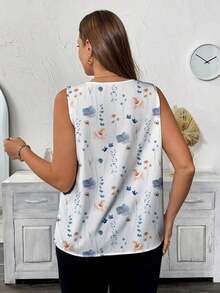 Blusa sin mangas con cuello en V y estampado floral para mujer talla grande, Camisa casual con cuello en V y estampado floral para mujer talla grande - Multicolor 6 - Ver 2