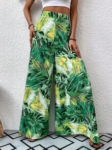 Pantalones de pierna ancha con estampado tropical - Verde 2 - Ver 5