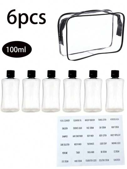 Bộ 6 chai du lịch chống rò rỉ 100ml, bao gồm các hộp đựng có thể tái sử dụng, túi đựng trong suốt và nhãn dán. Thích hợp đựng dầu gội, sữa dưỡng thể và mỹ phẩm. Nhẹ và dễ mang theo, hoàn hảo cho du lịch máy bay, công tác và các hoạt động ngoài trời. Một phụ kiện du lịch thiết yếu với đầy đủ các vật dụng vệ sinh cá nhân.