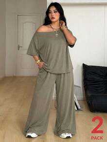 Conjunto de dos piezas de camiseta hombros descubiertos y pantalón ancho de chándal para mujer talla grande, minimalista, ropa de calle, uso diario, salir, deporte, cómodo - Verde militar - Ver 3