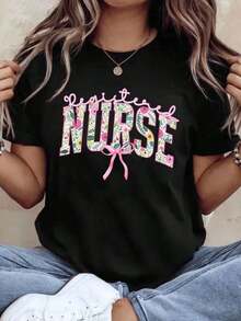 Women's Cotton T-Shirts, Registered Nurse Floral Design T-Shirt For Nurses, Professional Gift, Occupational Clothing, Women's Fashion Top, Basic Women's Blouses - 黑色 - 查看 7