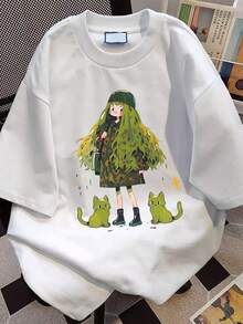 Camiseta de manga corta para mujer con diseño y estampado únicos, nuevo estilo de verano holgado para 2025, top favorecedor para - Blanco - Ver 4