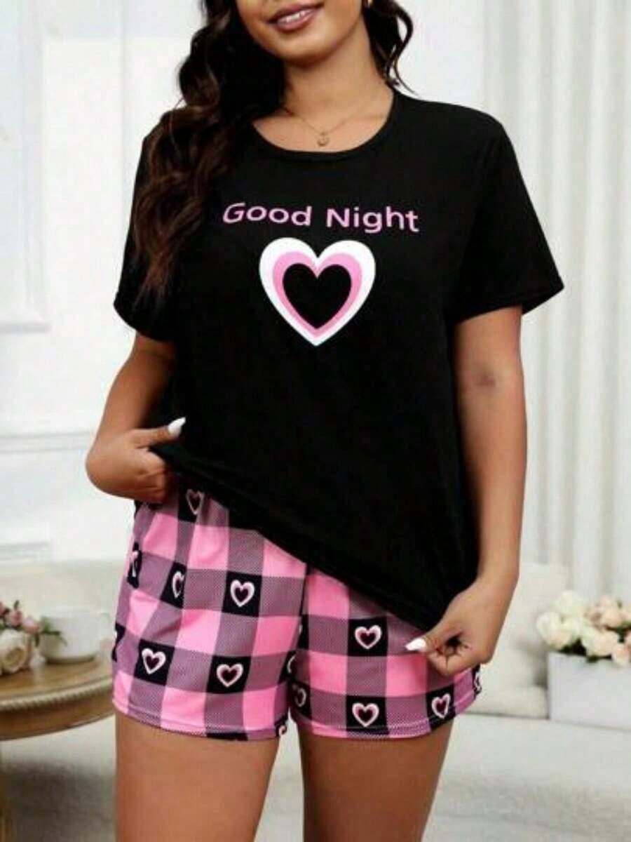 100% Cotton Women's Comfortable Nightgown With A Heart Print. Modern Nighttime Design, Ideal For Relaxing At Home, Available In Plus Sizes And In Black And Pink. Fashionable Sleepwear, Casual Style. - 黑色 - 查看 1