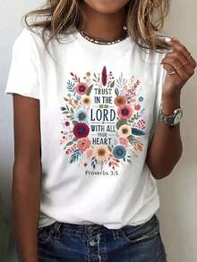 100% Cotton. The "Faith" Design Incorporates Christian Cross And Butterfly Prints, With A Simple Crew Neck And A Versatile Short-Sleeved T-Shirt For Women, Suitable For Casual Wear, Travel, Vacation And Other Occasions. - 白色 - 查看 7