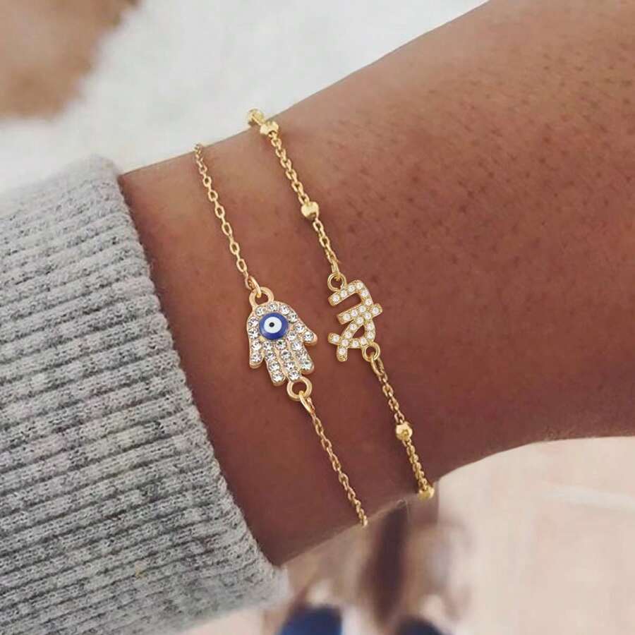 2Pcs/Set Classic Zodiac Eye Hamsa Hand Golden Stainless Steel Bead Chain Layered Chain Bracelets For Women - Yellow Gold - View 1