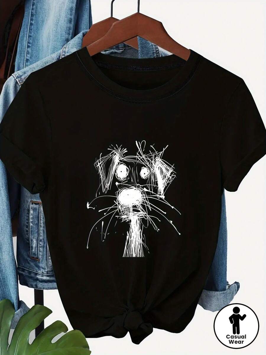 Camiseta Estampada para Mujer - Camiseta Casual de Manga Corta y Cuello Redondo en Negro con Diseño Abstracto de Boceto. Con un Corte Relajado para Todas las Estaciones, Perfecta para el Uso Diario y Atuendos de Vacaciones (Lavable aáquina). - Negro - Ver 1