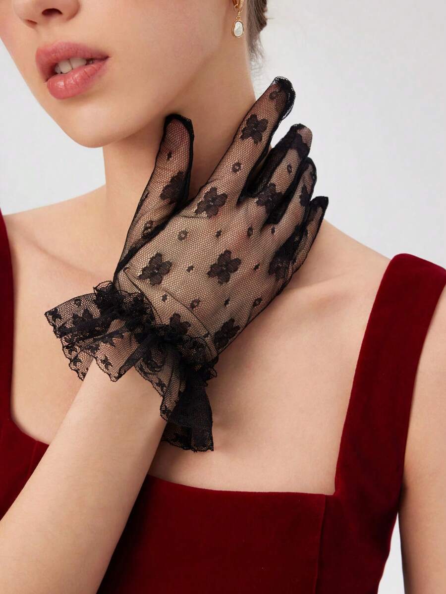 1 Pair Women's Lace Gloves, Lightweight Black Lace Gloves With Vintage Mesh Lace Trim, Sheer Floral Lace Mesh Gloves, Sun Protection Sexy See-Through Ruffle Decor Gloves - A - View 1