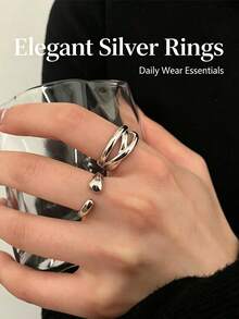 2 piezas Anillos geométricos de líneas geométricas retro exageradas, aptos para el uso diario de las mujeres, regalo para amigos y familiares - Plateado - Ver 7