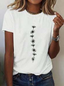 Soft And Casual Summer Crew Neck Short-Sleeve T-Shirt, Floral And Botanical Print, Graphic Tees, Going-Out Tops, Cotton, Vintage, European And American Street Style, Sporty Casual, Unisex Style, Urban Casual Style, Cute T-Shirts, Suitable For Spring, Summer And Autumn - 白色 - 查看 1