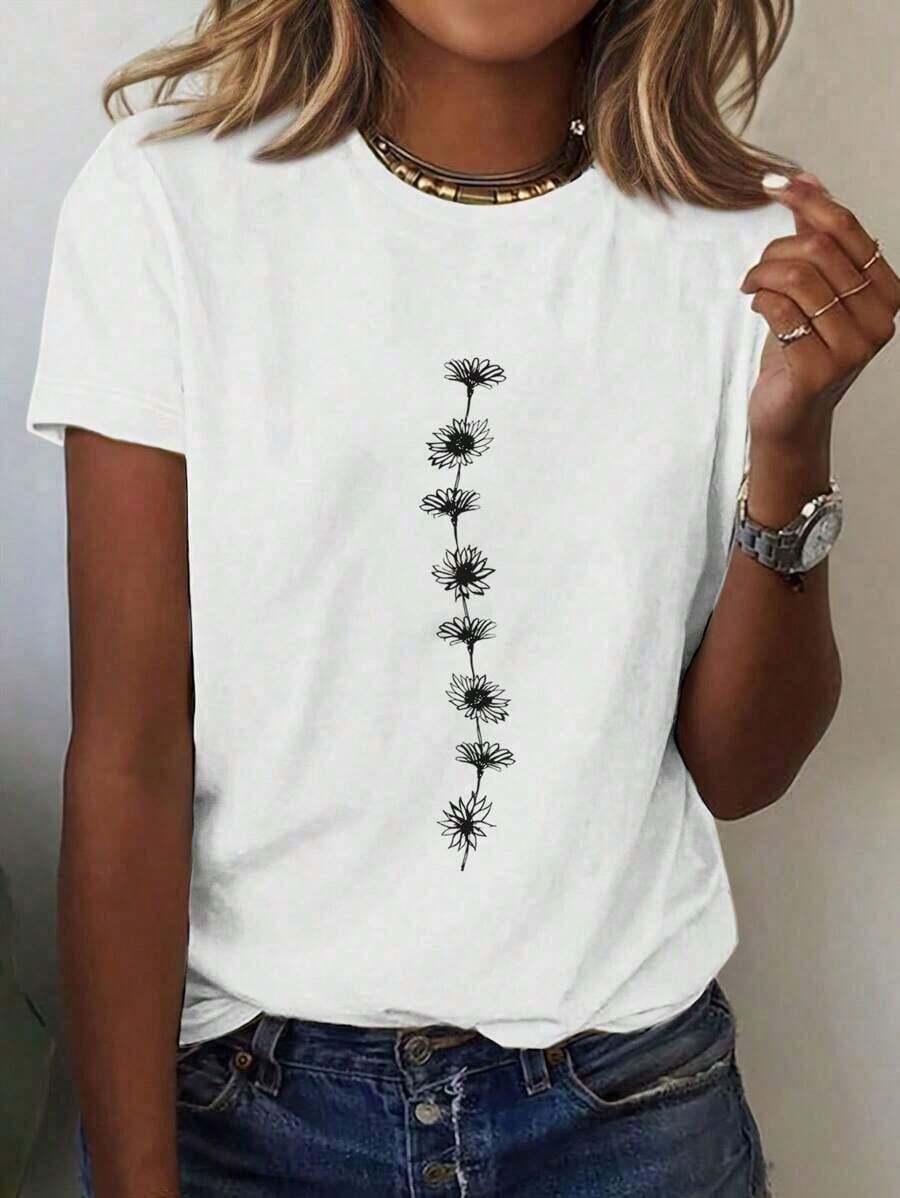 Soft And Casual Summer Crew Neck Short-Sleeve T-Shirt, Floral And Botanical Print, Graphic Tees, Going-Out Tops, Cotton, Vintage, European And American Street Style, Sporty Casual, Unisex Style, Urban Casual Style, Cute T-Shirts, Suitable For Spring, Summer And Autumn - 白色 - 查看 1