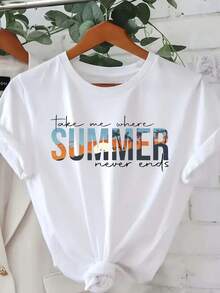1 Women's Tropical Summer T-Shirt - Featuring Colorful Beach Letter Prints And Palm Trees, Loose H-Shaped Fit, Casual Top, Suitable For Holidays, 180g 100% Cotton. - 白色 - 查看 1