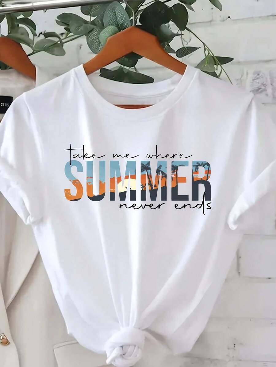 1 Women's Tropical Summer T-Shirt - Featuring Colorful Beach Letter Prints And Palm Trees, Loose H-Shaped Fit, Casual Top, Suitable For Holidays, 180g 100% Cotton. - 白色 - 查看 1
