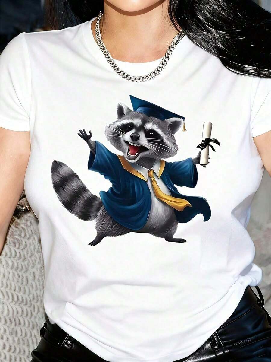 Women's Clothing 1pc Casual Short Sleeve Crew Neck T-Shirt For Women, Fashionable Cartoon Raccoon Print, Slightly Stretchy Fabric, Perfect For Graduation Season, All Season T-Shirt. Fun Graphic T-Shirt, Shiny Fabric, Raccoon T-Shirt, Women's Shirts. - 白色 - 查看 1