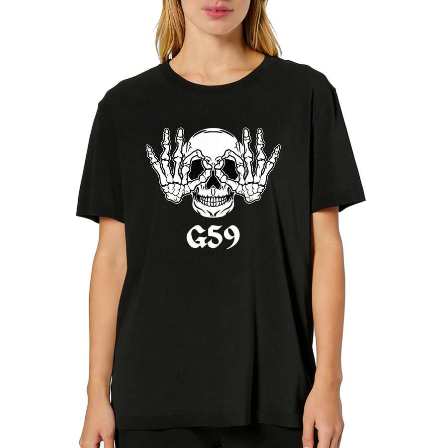 Plus Size G59 Skull With Skeleton Hands Graphic T-Shirt Women's Fashion T-Shirt, Soft And Breathable Short Sleeve, Perfect For Daily Wear, Outdoor Activities, Travel, And Casual Style, Comfortable All-Day Fit! - màu đen - Xem 1