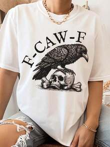 Camiseta Negra con Gráfico de Cuervo y Calavera, Diseño F Caw F para Hombres y Mujeres, Estilo Gótico Punk, Top de Disfraz de Halloween, Ropa Urbana Unisex de Moda - Blanco - Ver 1