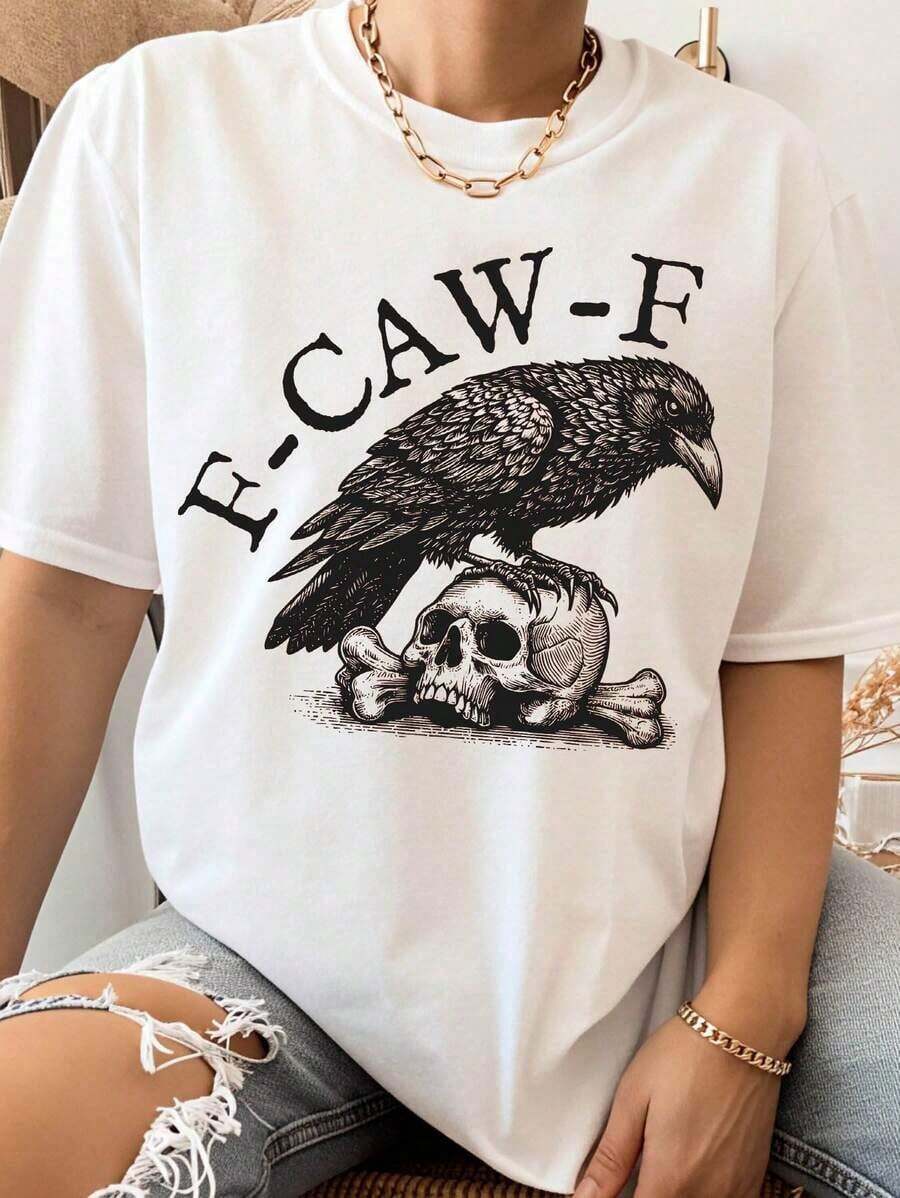 Camiseta Negra con Gráfico de Cuervo y Calavera, Diseño F Caw F para Hombres y Mujeres, Estilo Gótico Punk, Top de Disfraz de Halloween, Ropa Urbana Unisex de Moda - Blanco - Ver 1